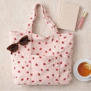 Strawberry Print Canvas Tote Bag Cottagecore Cute Shoulder Bag